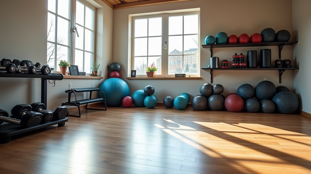 A neatly organized weightlifting gym with dumbbells lined up and natural lighting