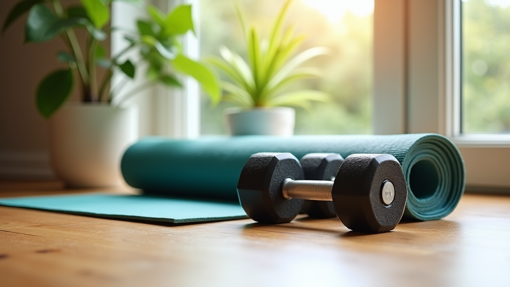 A pair of dumbbells and a workout mat on a wooden floor