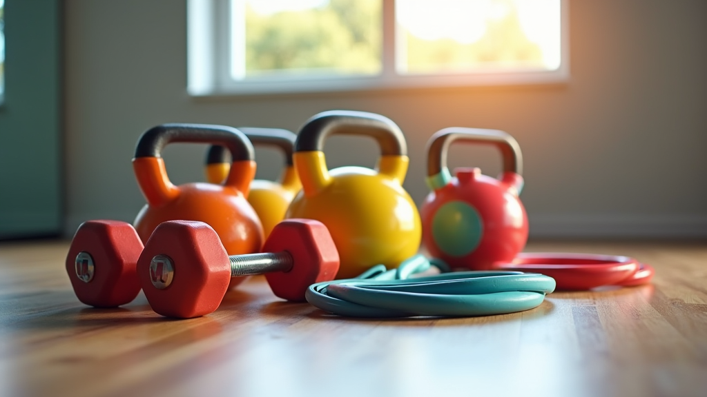 A set of colorful dumbbells, kettlebells, and resistance bands neatly arranged on a wooden gym floor, with soft sunlight filtering in from a window behind them.