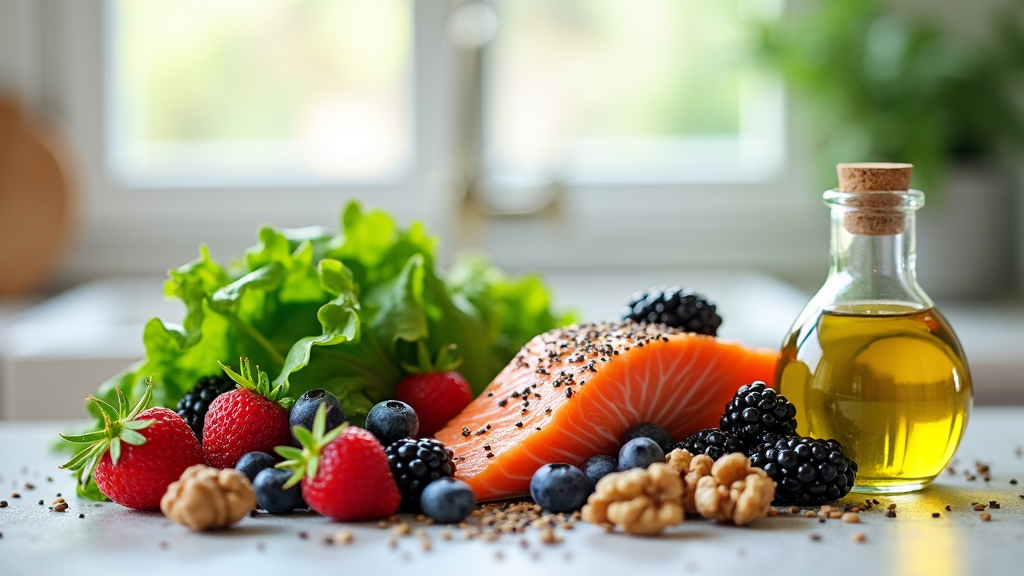 Colorful anti-inflammatory foods like berries, leafy greens, and nuts arranged on a kitchen table