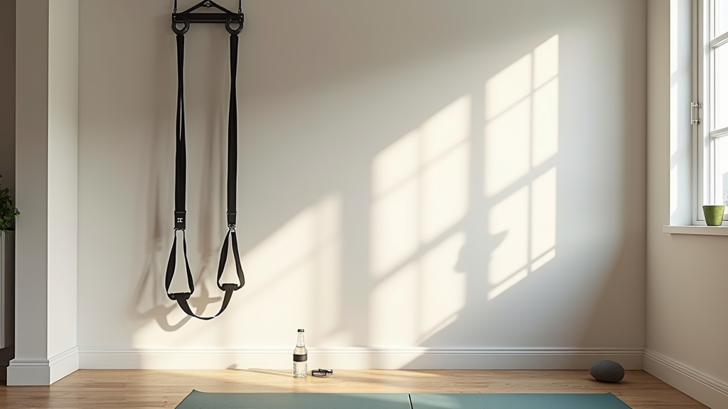 TRX suspension trainer hanging in a sunlit home workout space