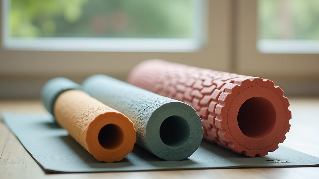 A collection of foam rollers of different sizes and textures arranged on a yoga mat, with calm natural lighting.